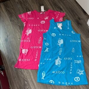 🫶🏼NWT (2) Ingear Turquoise & Pink Fish Print Mini Dress coverups size Medium